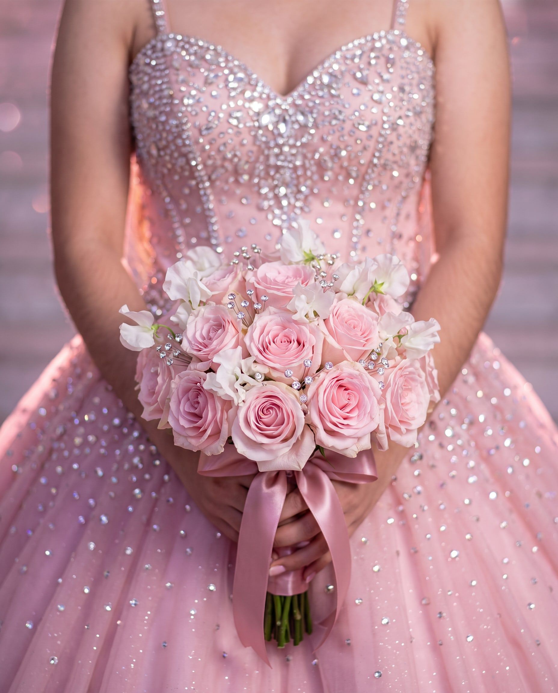 Ramo de rosas rosas con detalles de cristal