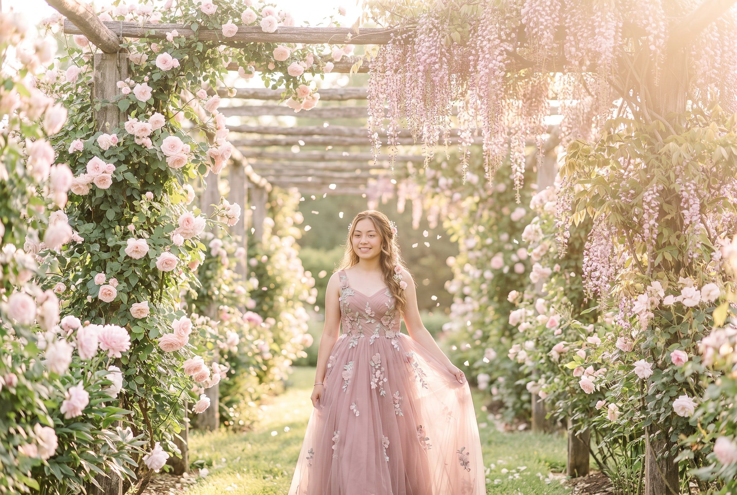 Camila caminando bajo una pérgola de rosas