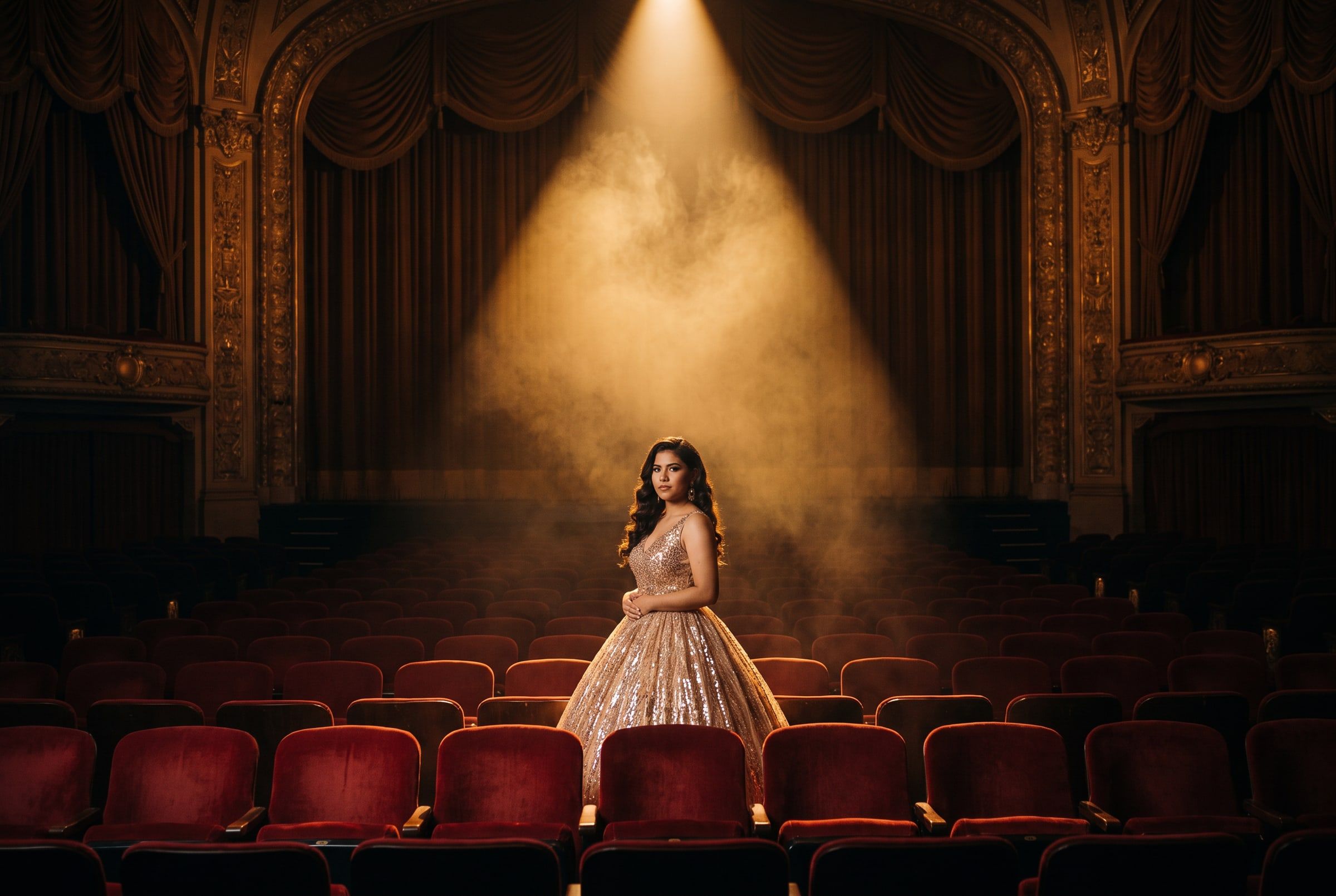 Daniela en el escenario de un teatro bajo un reflector