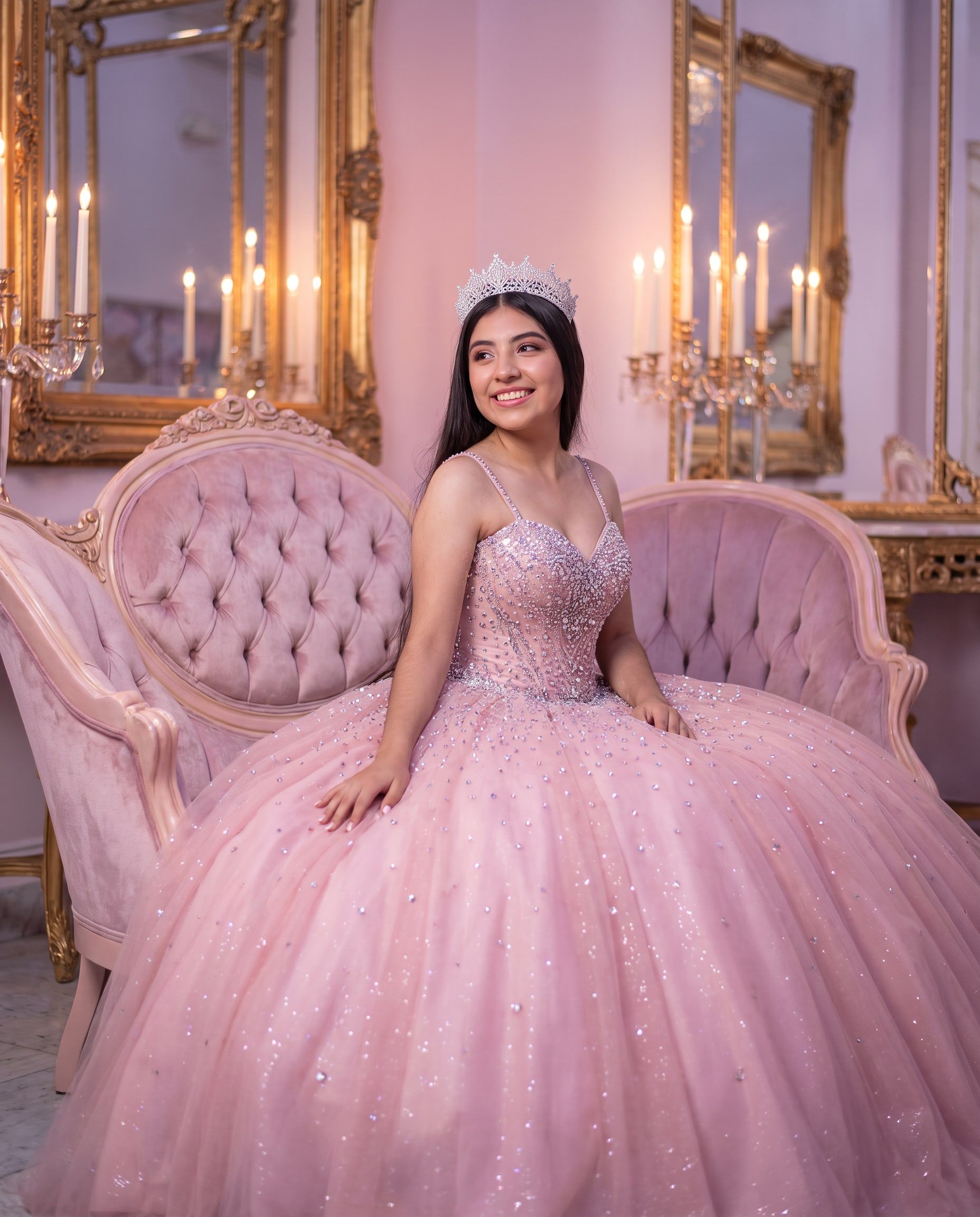 Ximena sentada en un diván de terciopelo rosa