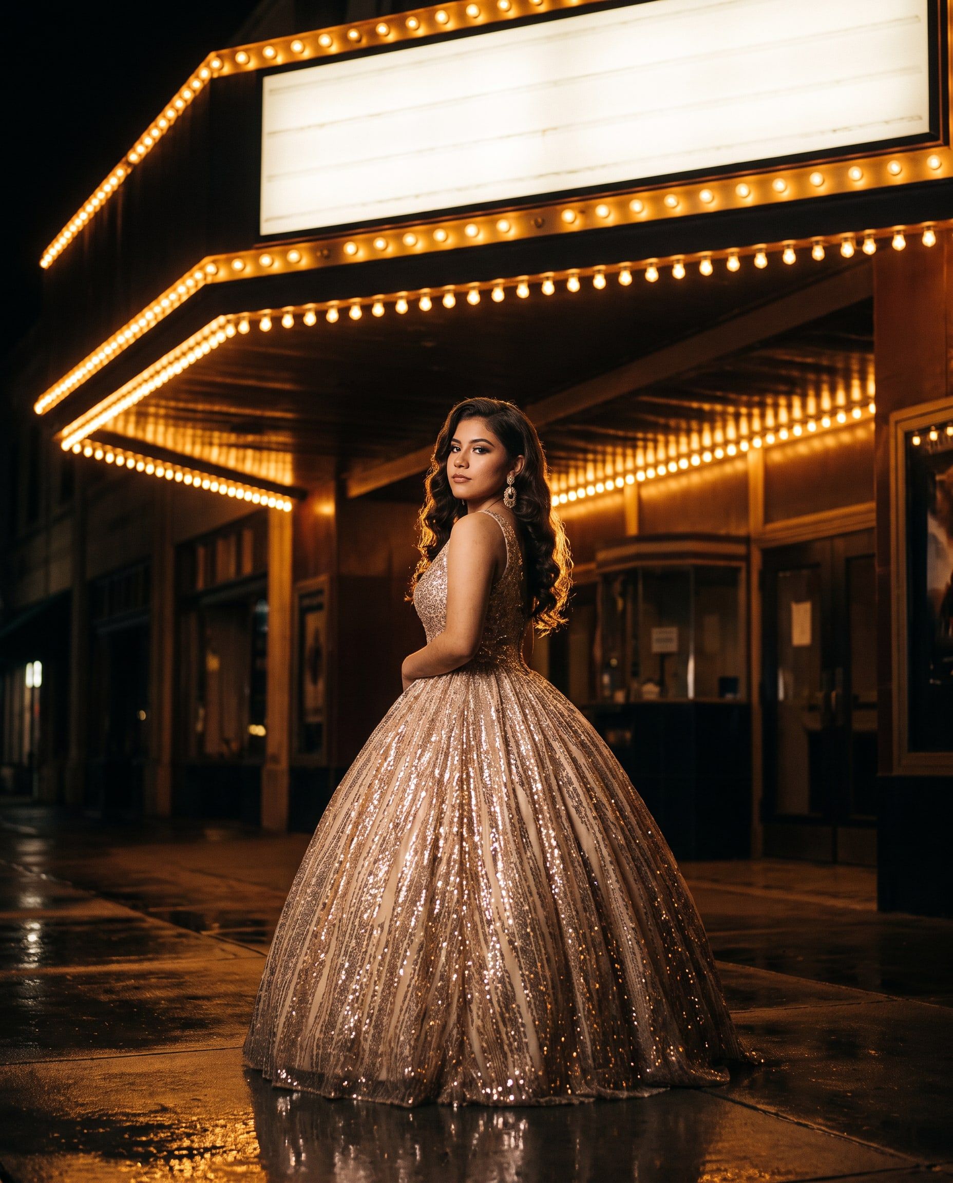 Daniela frente a la marquesina iluminada de un cine