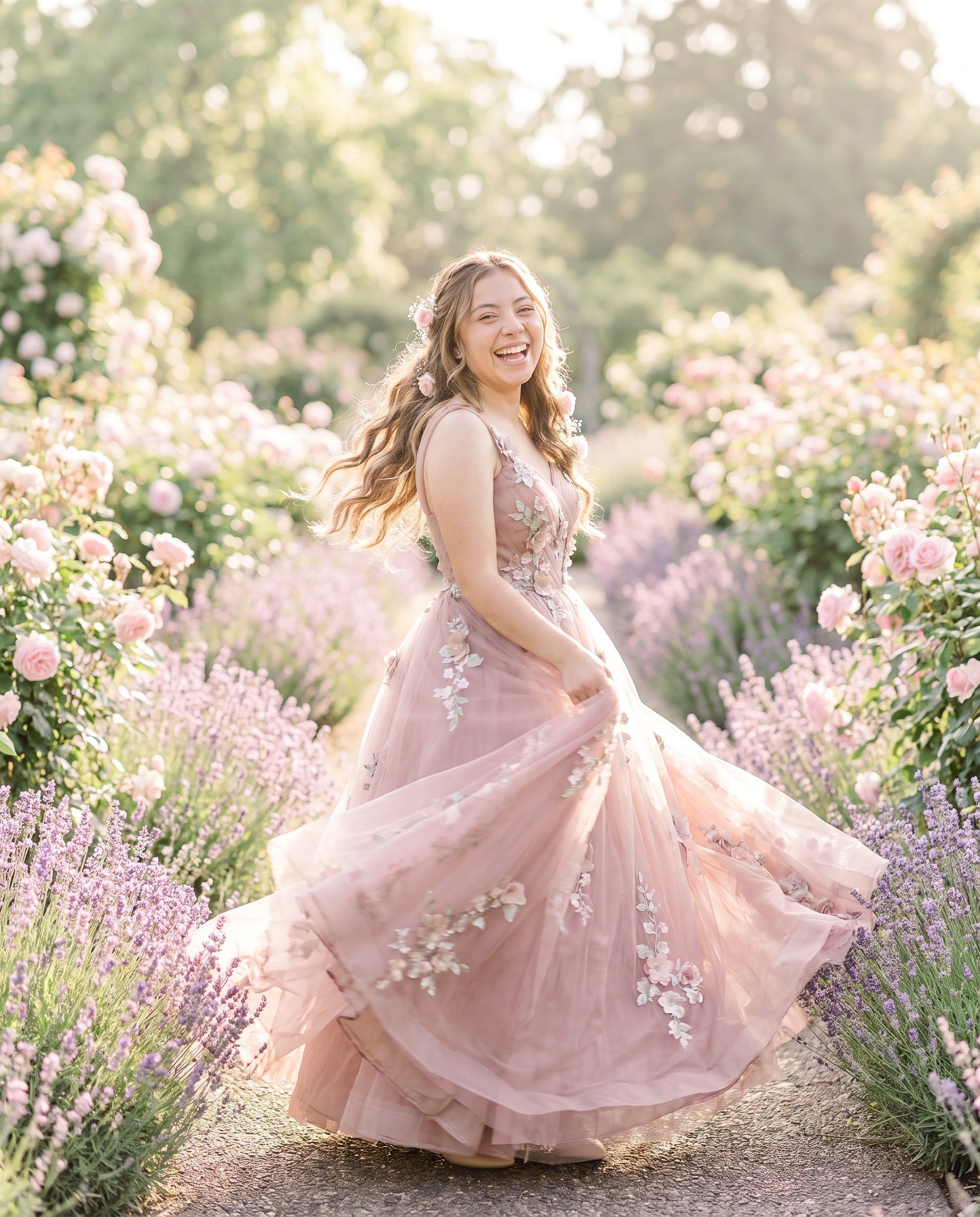 Camila girando con su vestido en un camino de lavanda