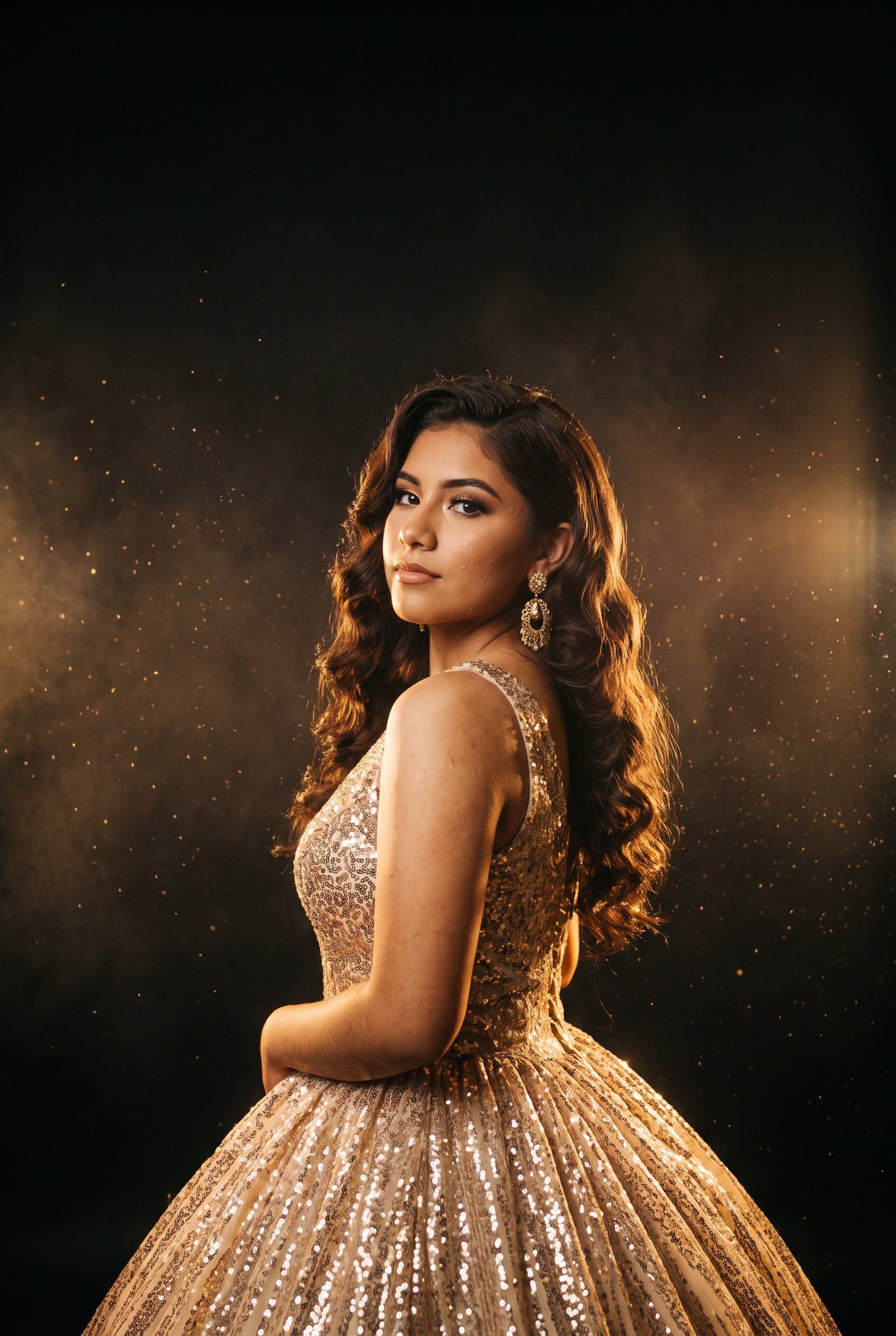 Daniela con vestido dorado de lentejuelas bajo una luz cálida de cine